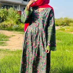 Floral Green Dress with Pink Accents